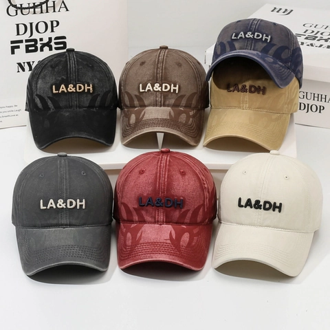 Washed Cotton Baseball Cap Vintage Distressed Letter Embroidery Flame Print Adjustable Sun Hat For Men Women