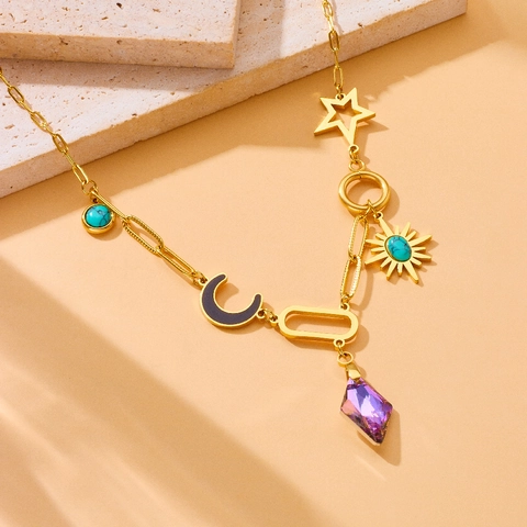 Collier Multi Pendentifs En Acier Inoxydable Plaqué Or Cristal Violet Turquoise Lune Étoile Soleil Chaîne Clavicule Bijoux Femmes