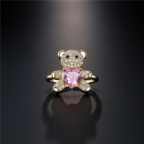 Grazioso Anello Aperto Orsetto Cuore Rame Zirconia Placcato Oro Gioielli Regolabili Regalo Donna