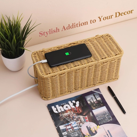 Scatola Per Gestione Cavi Imitazione Rattan Intrecciato Organizzatore Cavi Aperture Laterali Con Coperchio Scrivania Copri Multipresa