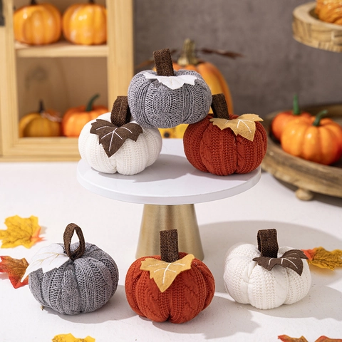 Knitted Pumpkin Decorations Soft Polyester Fabric Handwoven Texture Thanksgiving Harvest Festival Autumn Home Decor