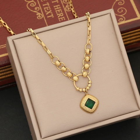 Collana Con Pietra Preziosa Quadrata Verde Smeraldo Acciaio Inossidabile Placcato Oro Pendente Geometrico Donna