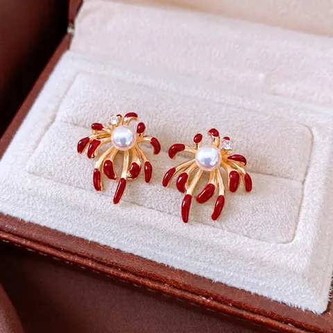 Feuerwerk Blumen Ohrstecker Rot Emaille Vergoldet Mit 925 Sterling Silber Ohrstecker Künstliche Perle Zirkon Vintage Für Damen