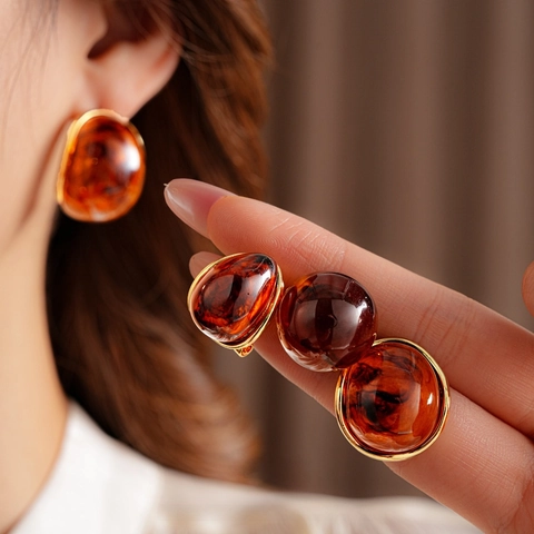 Orecchini A Lobo Vintage In Resina Ambra Con Perno In Argento Placcati Oro Geometrici Tondi Ovali Gioielli Per Donna