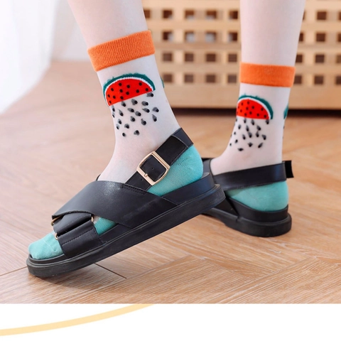 Damen Süßes Fruchtmuster Transparente Socken Sommer Dünne Atmungsaktive Kristallseide Socken Wassermelone Pfirsich Bedruckt Socken
