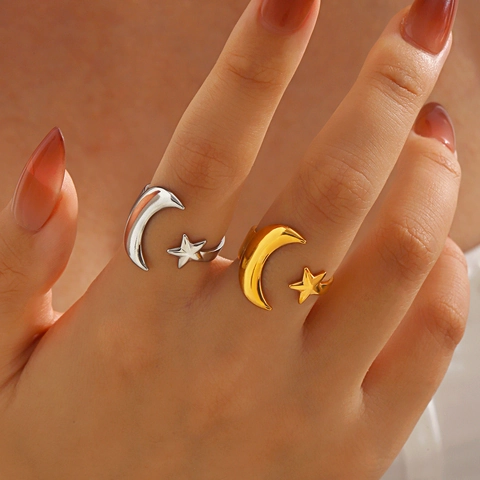 Mond Stern Ring Edelstahl Verstellbar Offen Minimalistisch Böhmisch Mode Schmuck Für Damen
