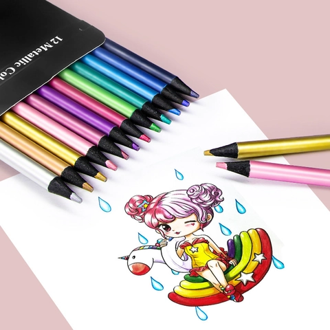 Metallic Colored Pencils Black Wood Professional Art Drawing Sketching Supplies Multi Color Luster