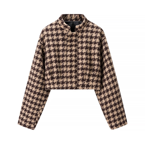 Completo Due Pezzi Da Donna Pantaloncini Pied De Poule Giacca Tweed Maniche Lunghe Vita Alta Linea A Marrone Autunno