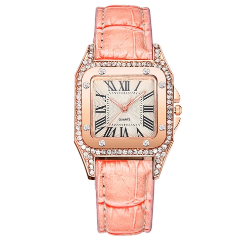 Montre À Quartz Carrée Pour Femmes Incrustation De Strass Chiffres Romains Bracelet En Cuir PU Mode Élégante