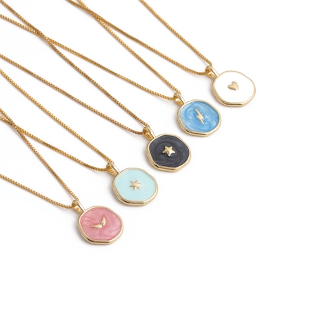 Collar Colgante Esmalte Cobre Chapado Oro Formas Estrella Luna Corazón Cadena Caja Joyería Moda Mujer