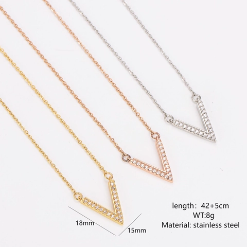 V-Shaped Pendant Necklace 304 Stainless Steel Full Pave Sparkling Rhinestone Geometric Jewelry For Women Fashionable Minimalist