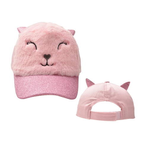 Kids Girls Pink Plush Baseball Cap With Sequin Cat Ears And Sequin Brim Warm Winter Cute Animal Peaked Hat Adjustable