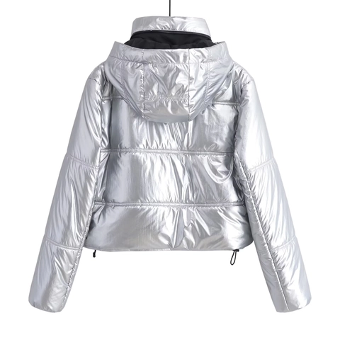 Women Shiny Metallic Hooded Puffer Jacket Short Warm Quilted Coat Solid Color Zipper Winter Outerwear