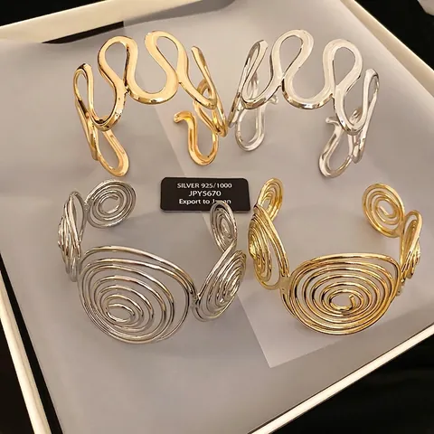 Brazalete Abierto Geométrico Espiral Onda Plata De Ley 925 Aleación Para Mujeres Minimalista Moda Joyería Pulido