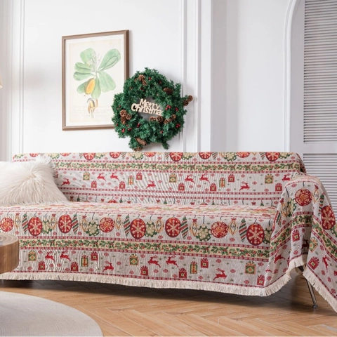 Sofa Cover Towel Thick Polyester Cotton Jacquard Tassel Vintage Floral Tulip Reindeer Decorative Throw Blanket For Couch