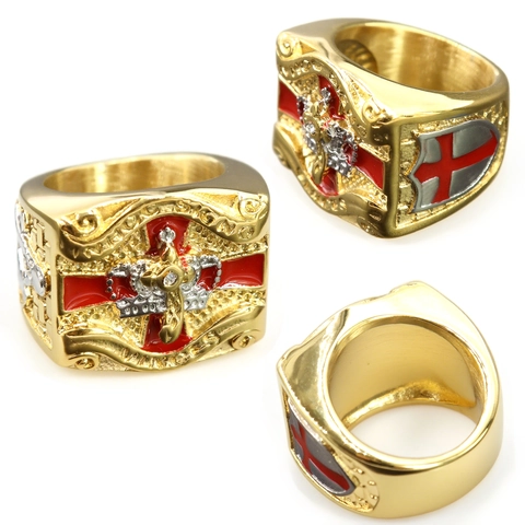Heren Vintage Roestvrijstalen Ring Kroon Kruis Emaille Zegelring Vrijmetselaarsstijl Strass Sieraden Zware Brede Band Religieus