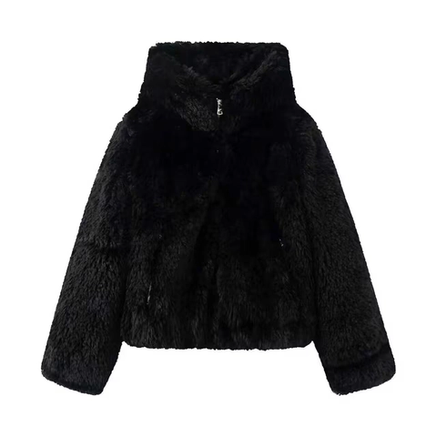 Women Faux Fur Jacket Hooded Plush Warm Short Winter Coat Casual Zipper Outerwear Fluffy Solid Color Shaggy Outwear