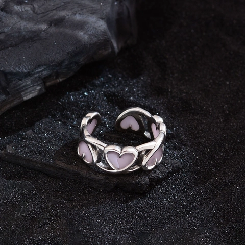Bague Ouverte Cœur Évidé en Émail Rose Design Unique pour Femmes Bague Ajustable en Cuivre Électroplaqué Bijoux de Doigt Cœur