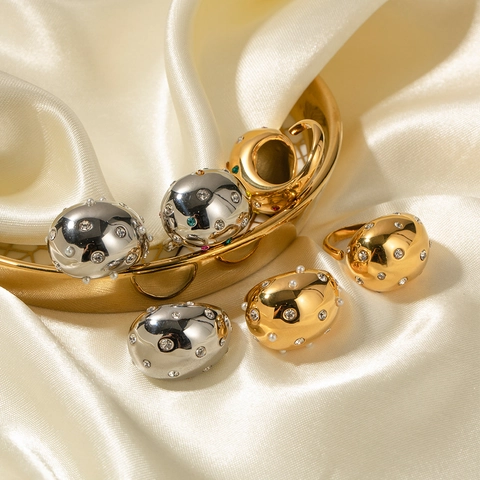 Anello Regolabile A Goccia Grosso Acciaio Inossidabile Placcato Oro 18K Zirconia Perla Artificial Sintetica Gioielli Moderni Donna