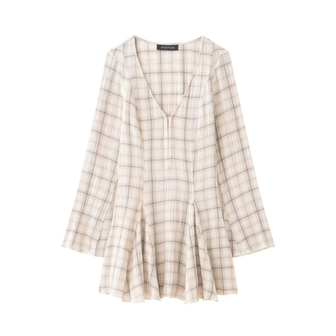 Plaid V Neck Long Sleeve Mini Dress Cinched Waist Pleated Hem Elastic Polyester Casual Cottagecore Sweet Style