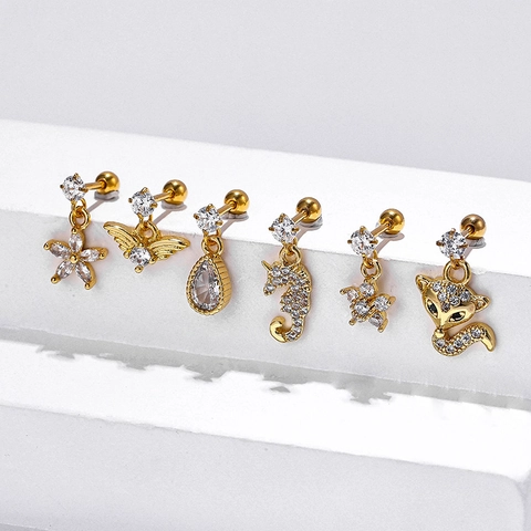 Orecchini a Bottone Animali in Acciaio Inossidabile con Strass a Forma di Cavalluccio Marino Volpe Fiore Gioielli Piercing per Donna Uomo
