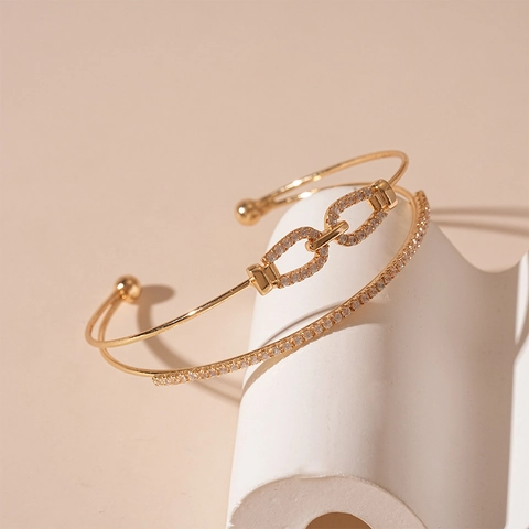 Double Layer Open Bangle Copper Interlocking Loop Zircon Pave Fashion Geometric Adjustable Hand Jewelry For Women