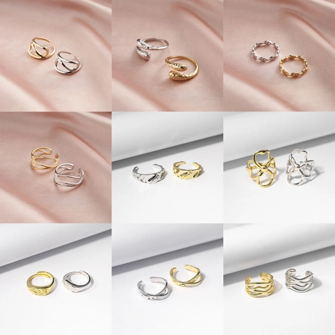 925 Sterling Silver Rings For Women Minimalist Adjustable Open Geometric Interlocking Line Wave Hammered Texture Jewelry