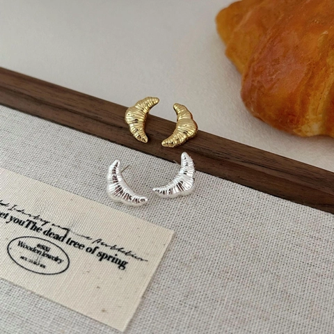 Pendientes De Botón Croissant Plata De Ley 925 Estilo Francés Minimalista Textura Acanalada Joyas Para Mujer
