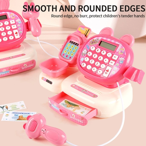 Simulation Cash Register Toy For Kids Plastic Silicone Cartoon Pink Rabbit Calculator Sound Light Scanner Role Play