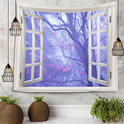 Tapiz De Pared Vista Ventana 3D Paisaje Natural Decoración Colgante Tela Para Dormitorio Sala Poliéster Duradero Impresión HD