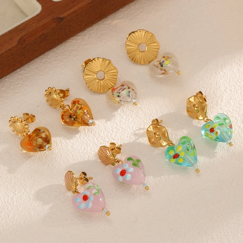 Französische Vintage Herz Tropfenohrringe Lampwork Glas Legierung Bunter Schmuck Für Frauen