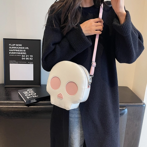 Funny Skull Shaped Crossbody Bag PU Leather Creative Heart Nose Contrast Color Shoulder Bag For Women Niche Design