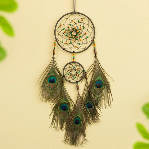 Acchiappasogni Con Piume Di Pavone Fatto A Mano Perline Colorate Doppio Anello Stile Boho Etnico Decorazione Da Parete