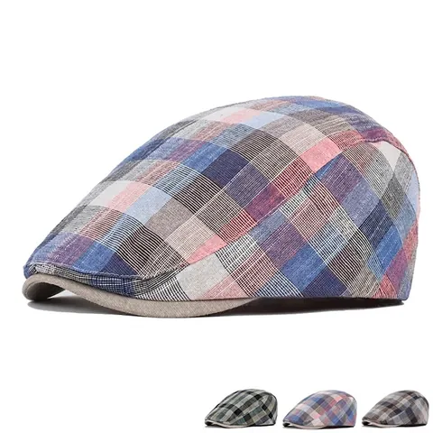 British Retro Flat Cap Cotton Linen Breathable Plaid Ivy Hat For Men Women Outdoor Travel Sun Protection