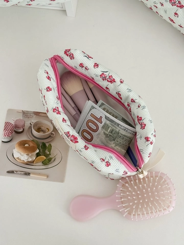 Trousse De Maquillage En Velours Côtelé Matelassé À Fleurs Organisateur De Toilette Portable Sac De Rangement Cosmétique