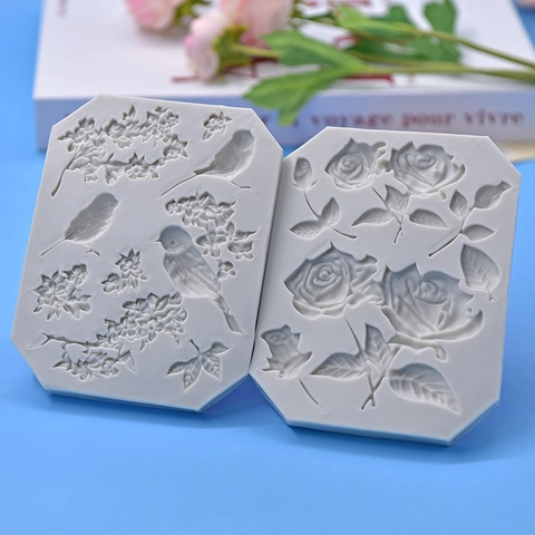 Siliconen Vorm Bloem Vogel Roos Blad Patroon Fondant Taart Decoratie DIY Bakken Tool Relief Design Chocolade Zeep Hars