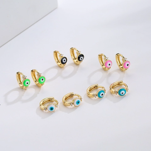 Evil Eye Huggie Ohrringe Kupfer 18K Vergoldet Bunte Emaille Zirkon Glücksbringer Schmuck Geschenk Für Damen