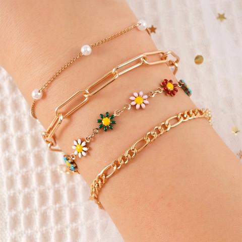 Zoete Legering Emaille Madeliefje Zonnebloem Hanger Armband Enkelbandje Set Goud Kunstparel Meerlagige Ketting Sieraden Vrouwen