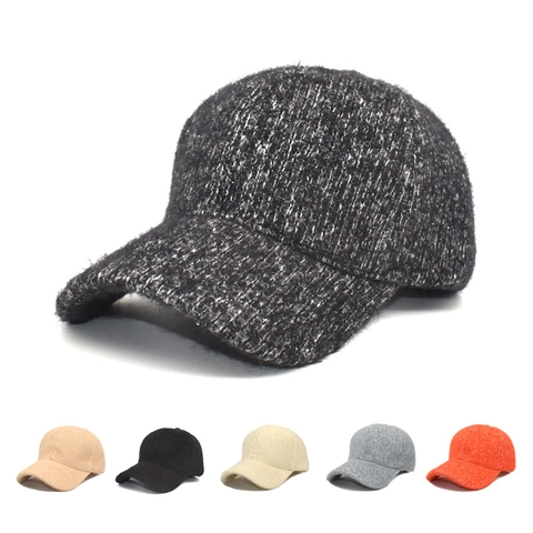 Women Winter Plush Knitted Baseball Cap Warm Fuzzy Outdoor Curved Brim Adjustable Fashion Solid Color Hat