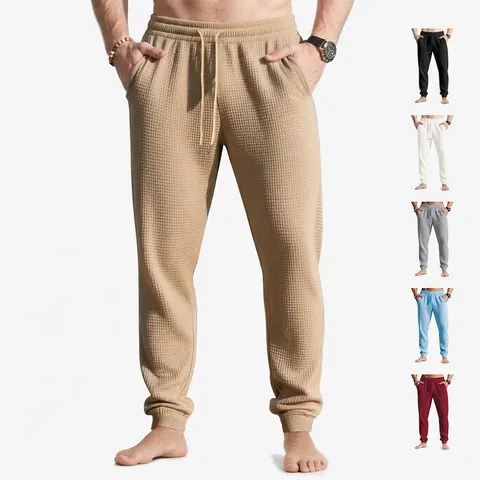 Pantalones Jogger De Punto De Gofre Para Hombre Cintura Elástica Con Cordón Casuales Holgados Con Bolsillos Deportivos