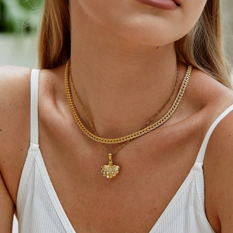 Collar De Acero Inoxidable Chapado En Oro De 18K Para Mujer Con Colgante De Concha Perla Artificial Circonia Joyería