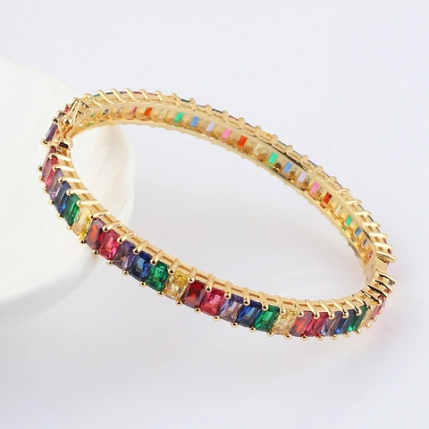 Brazalete Anillo De Arcoíris Bohemio Para Mujer Latón Chapado En Oro Con Circón Baguette Multicolor Pulsera Ajustable Abierta