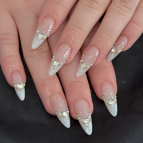 Unghie Finte Lunghe Stiletto Occhio Di Gatto Nude Rosa Marmo Sfumato Strass Perla Artificial Farfalla Con Adesivo Lima