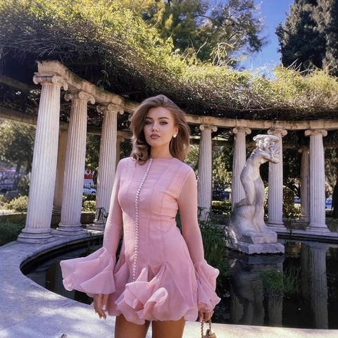 Elegantes Damen Chiffon Crepe Minikleid Ausgestellte Lange Volantärmel Gestufter Saum Knopfleiste Rundhalsausschnitt Party