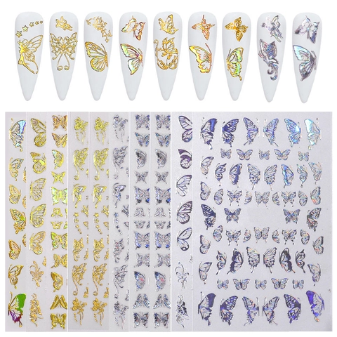 Adesivi Unghie Farfalla Olografica Laser Oro Argento Autoadesivi Decorazione Manicure DIY Donne