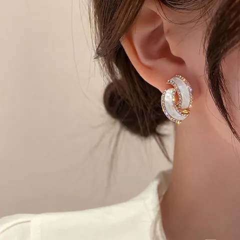 Interlocking Geometric Hoop Earrings With Mother Of Artificial Pearl Rhinestone Inlay Alloy Jewelry For Women Silver Earring Post