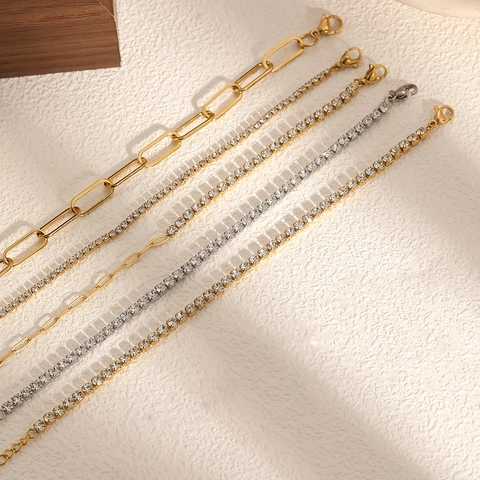 Zircon Inlaid Stainless Steel Tennis Bracelet Paperclip Chain Adjustable Fashion Jewelry For Women Luxury Style