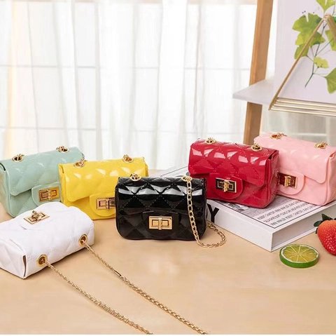 Mini Jelly Crossbody Tas PVC Glanzend Ruitpatroon Gouden Ketting Draaisluiting Modieuze Handtas Voor Dames Meisjes