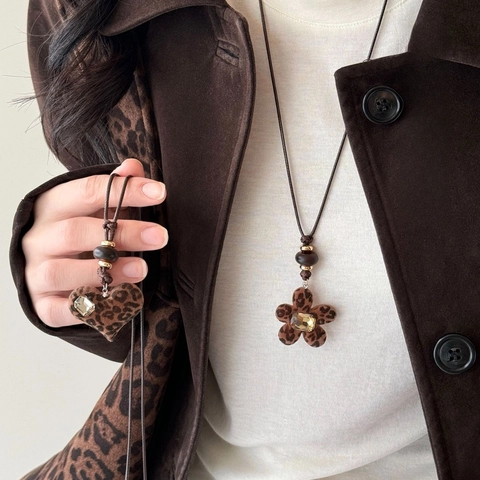Collar Colgante Corazón Flor Resina Estampado Leopardo Diamante Imitación Vintage Cadena Larga Suéter Cuentas Madera Joyería Mujer