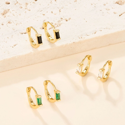 925 Sterling Silver Baguette Cut Cubic Zirconia Hoop Earrings Retro Emerald Green Elegant Jewelry For Women